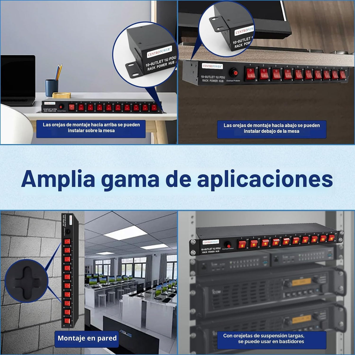 1U PDU Horizontal Rackmount Power Strip - Overload Protector