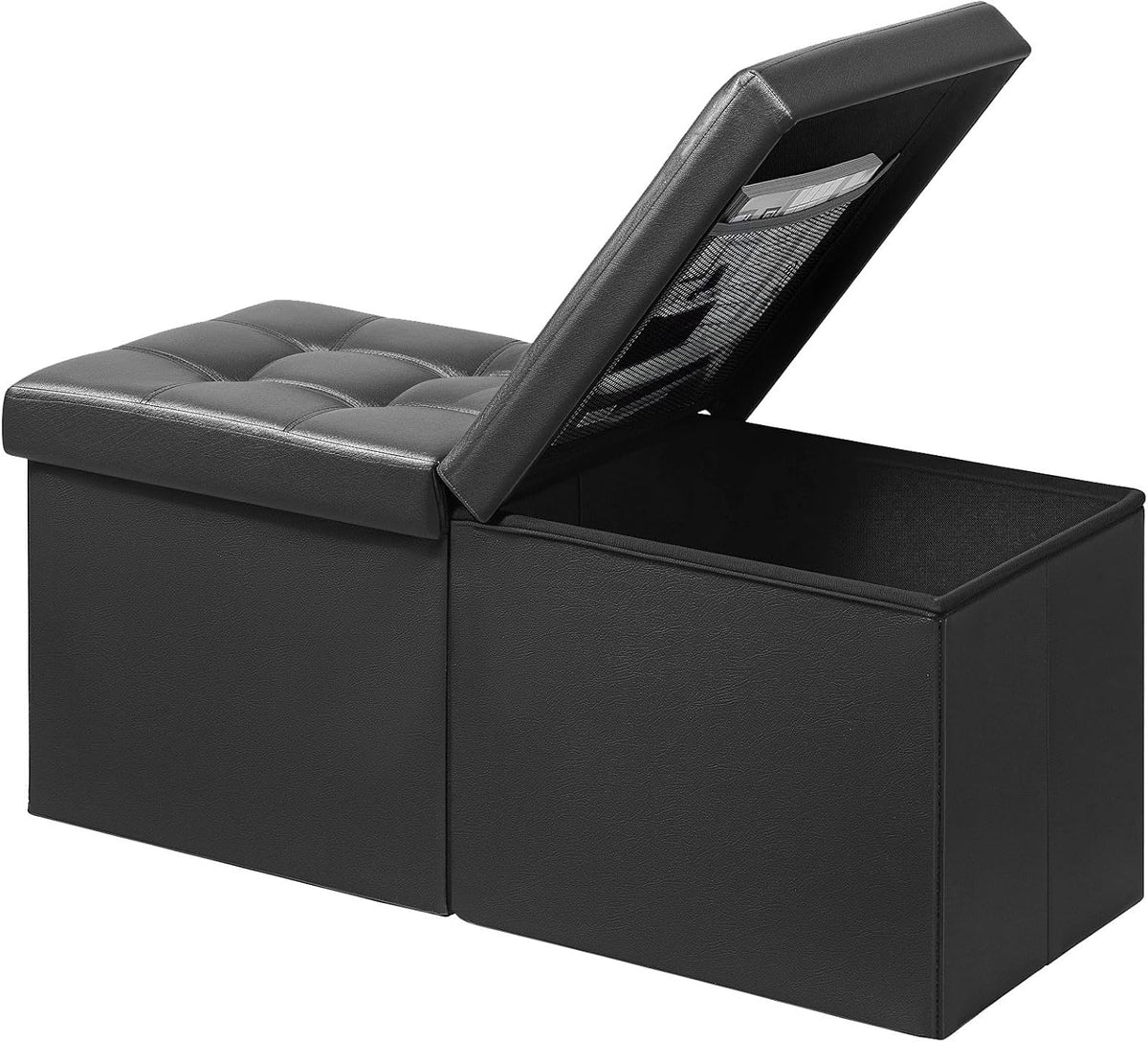 AmasSmile Reposapiés Otomano Banco con Almacenamiento, 34 Pulgadas Reposapiés de Cuero Negro, Mesa de Centro, Asiento Acolchado, Baúl de Almacenamiento, Almacén de Mantas con Tapa Abatible para Sala