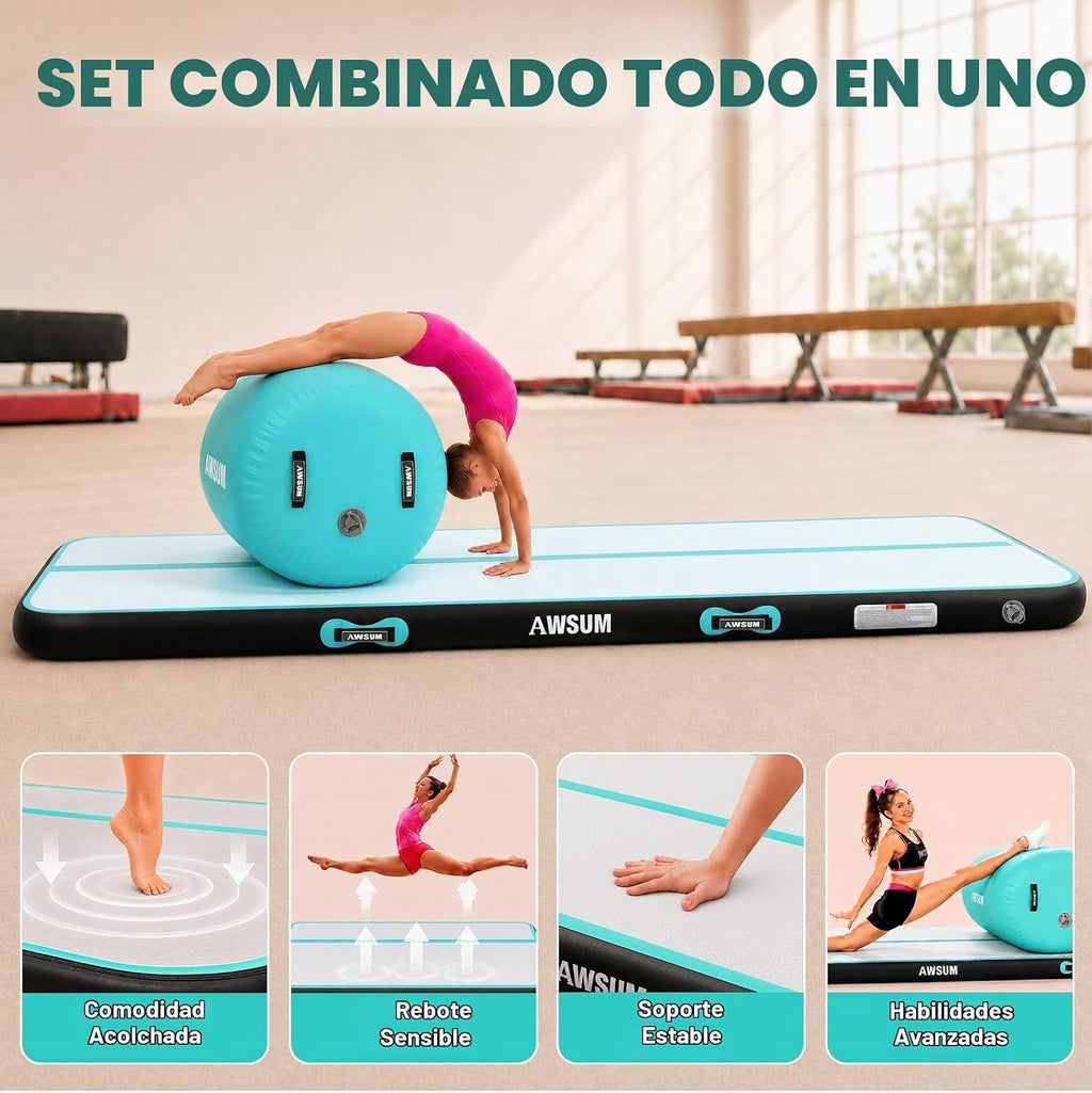 AWSUM Colchoneta de Gimnasia de 10 pies/13 pies con Rodillo de Aire Barril de Volteretas Entrenador de Salto Mortal hacia Atrás y Flexión hacia Atrás para Equipo de Trampolín de Gimnasia Inflable y