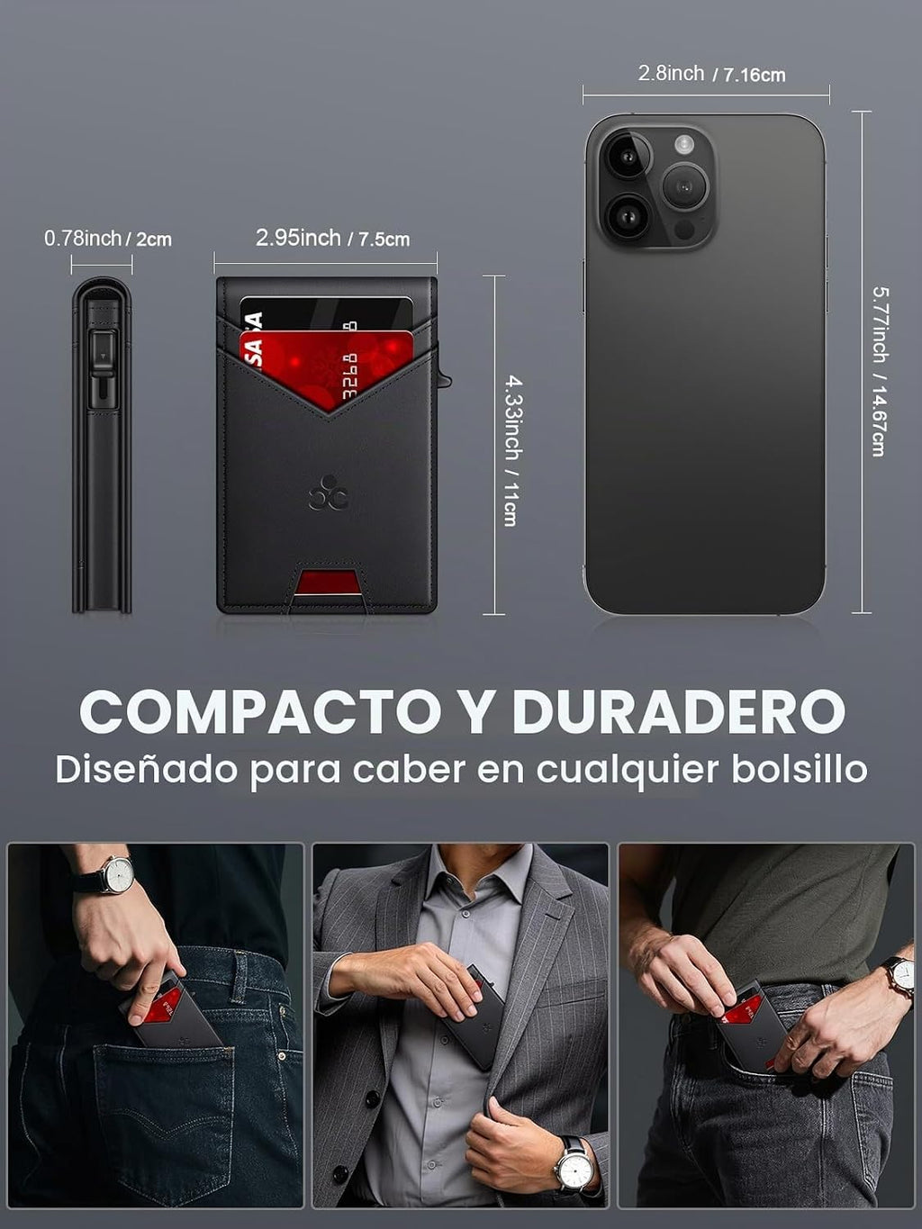 Billetera para hombre con bloqueo RFID minimalista para 12-14 tarjetas | Cartera inteligente delgada y plegable con ventana para identificación y ranura para efectivo, bolsillo frontal, estuche