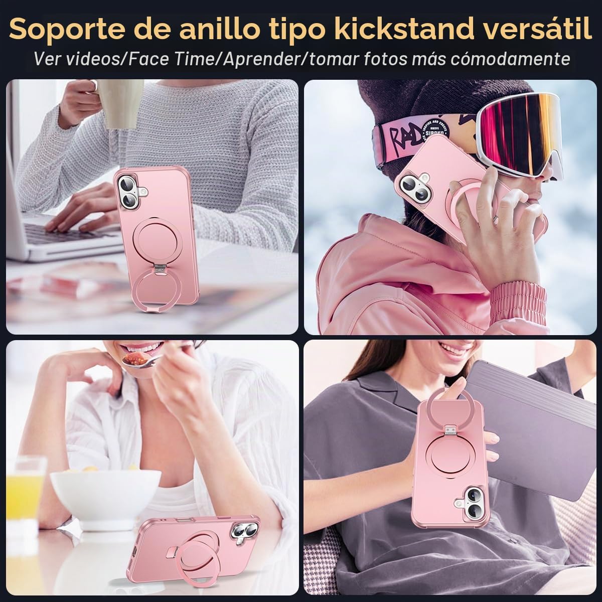 SKYLMW Compatible con iPhone 16 Funda con Soporte Magnético Invisible de Anillo O Funda de Grado Militar para iPhone 16 6.1" [Compatible con Mag-Safe][Gran Sensación de Agarre], Oro Rosa