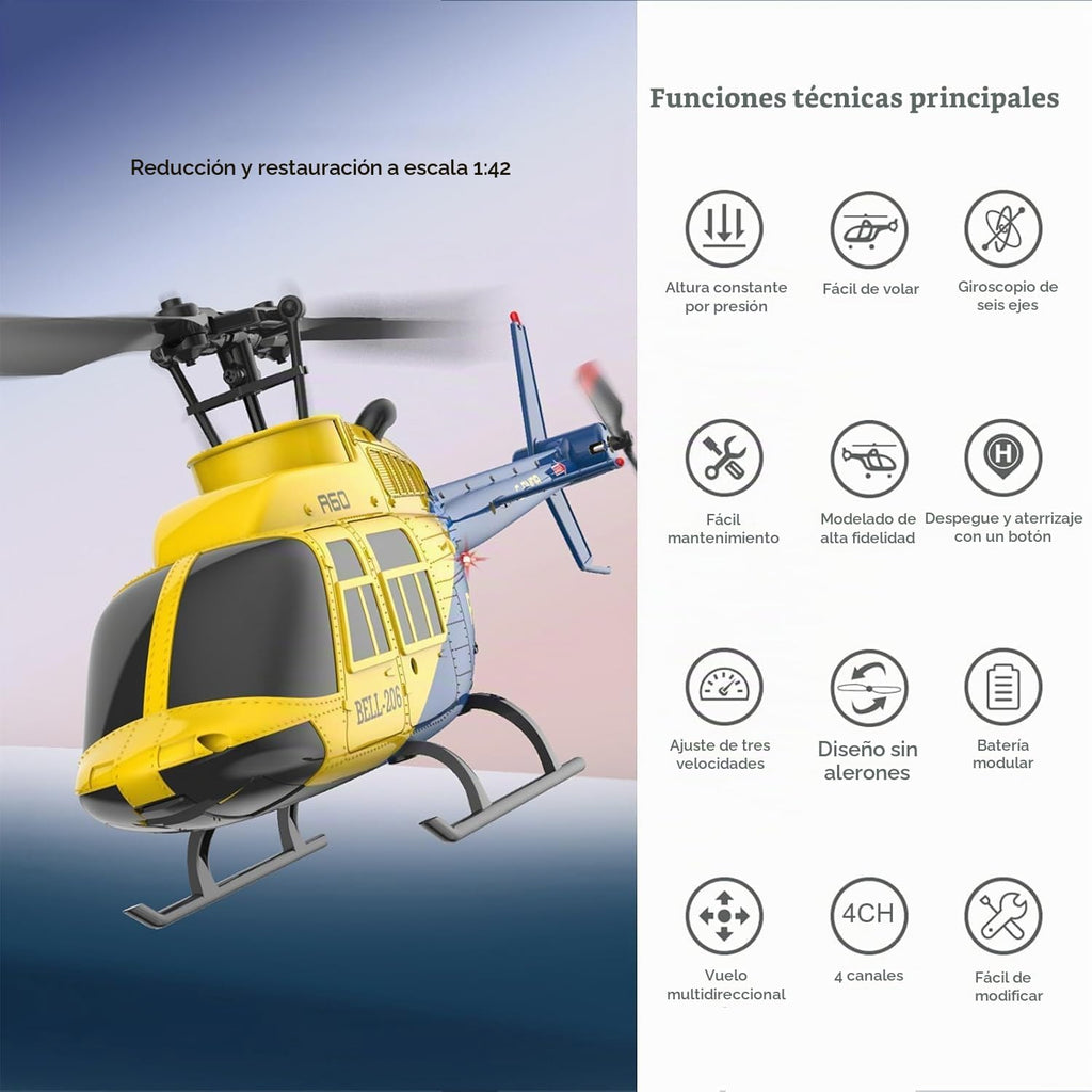 A60 206 Helicóptero de control remoto avión 4CH RC Heli Aileronless escala 1/42 giroscopio de 6 ejes retención de altitud para adultos principiantes/gris