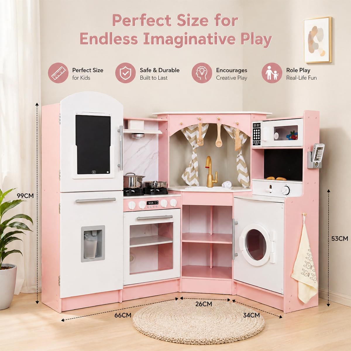 Juegos de cocina grandes de madera con máquina de hielo, dispensador de agua, panificadora, lavadora, pantalla electrónica, fregadero de juguetes con agua corriente, estufa con luz y sonidos, regalo de cumpleaños para mayores de 3 años (rosa)
