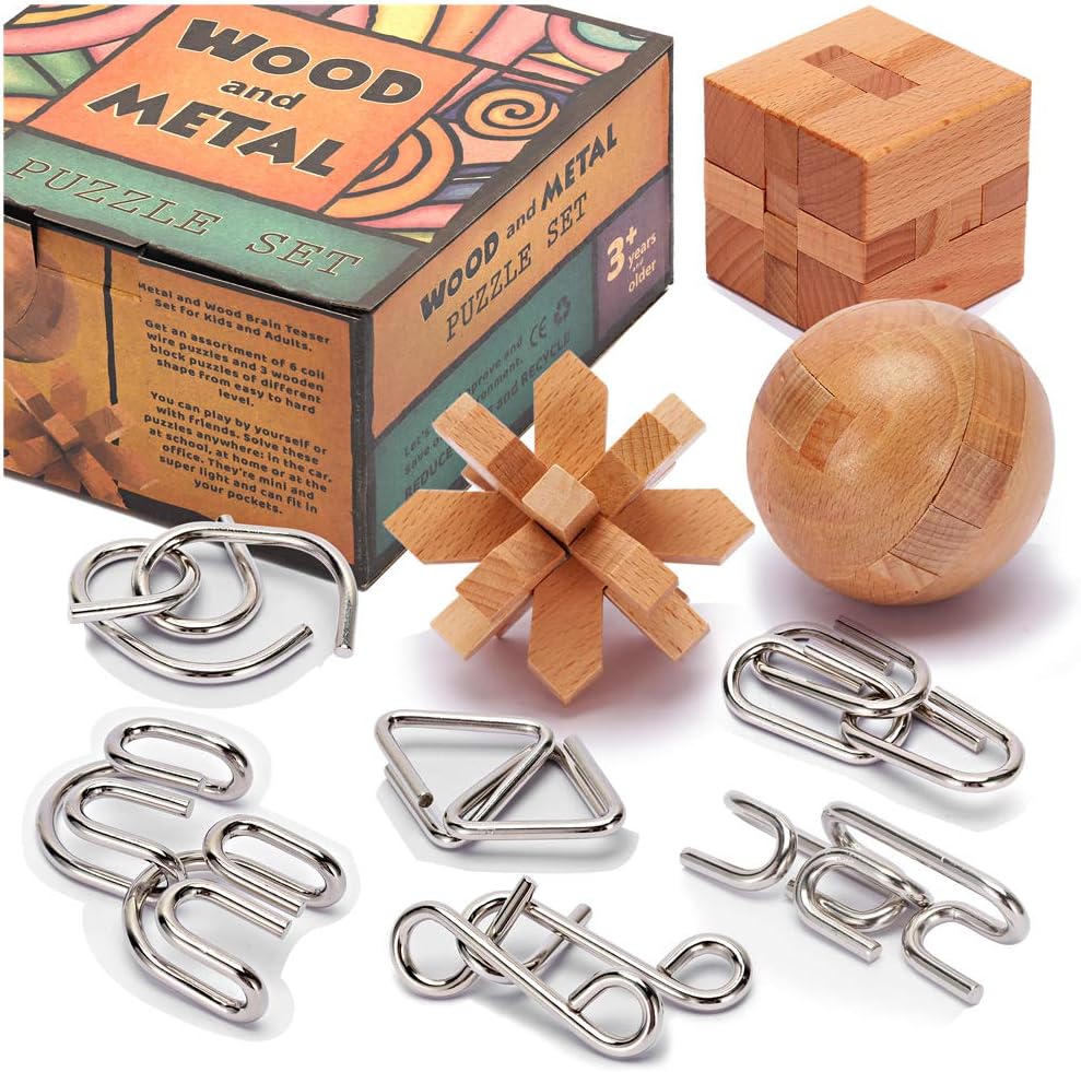 LESONG Rompecabezas Mentales de Metal y Madera para Niños y Adultos Paquete de 9, Prueba de Mente, CI y Lógica y Juegos de Desenredamiento Portátiles, Cadena de Alambre Fundido en Espiral 3D y