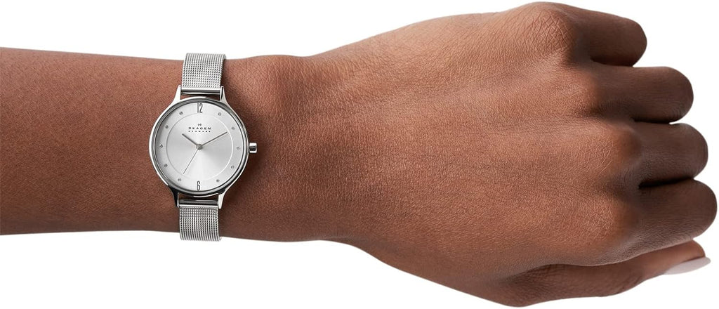 Skagen Anita Reloj de malla de acero inoxidable para mujer, plateado (Modelo: SKW2149) y pulsera Skagen "Elin" de cristal plateado, extensor de 6.5 pulgadas + 1.5 pulgadas