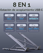 Estación de acoplamiento para portátil USB C 8 en 1 con HDMI 4K, 2 USB 3.0, PD 100 W, soporte de aluminio USB C para tableta, estación de acoplamiento universal para MacBook Pro/Air/Dell/HP/Surface/Lenovo, Plug and Play