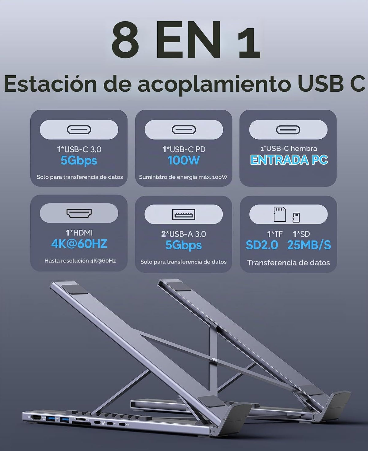 Estación de acoplamiento para portátil USB C 8 en 1 con HDMI 4K, 2 USB 3.0, PD 100 W, soporte de aluminio USB C para tableta, estación de acoplamiento universal para MacBook Pro/Air/Dell/HP/Surface/Lenovo, Plug and Play