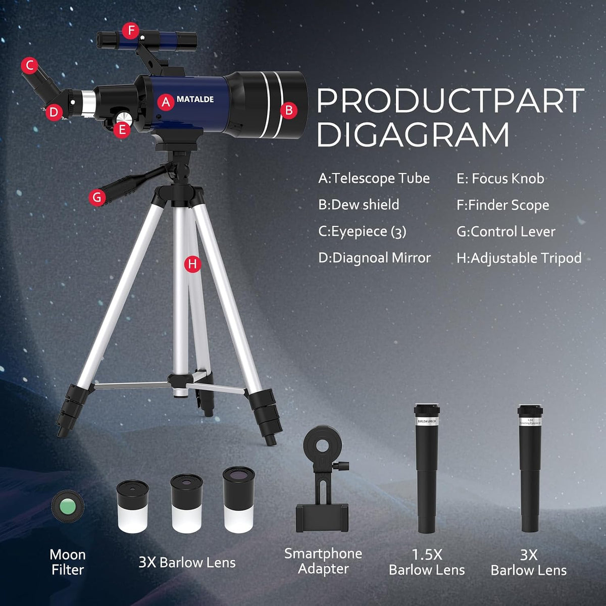 Telescopio para niños y principiantes, 2.756 in de apertura (15X-150X) AZ Mount Telescopios para astronomía, telescopio refractor portátil con trípode, adaptador de teléfono