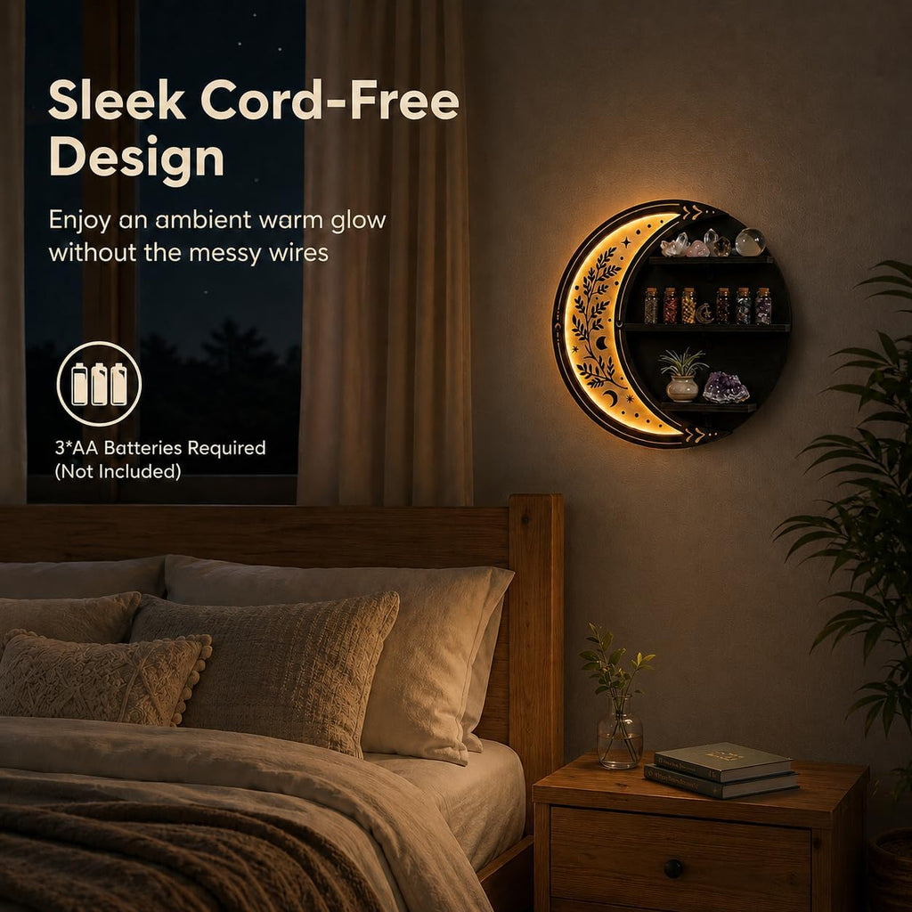 Estante de pared inalámbrico con luz LED | Decoración de luna de madera