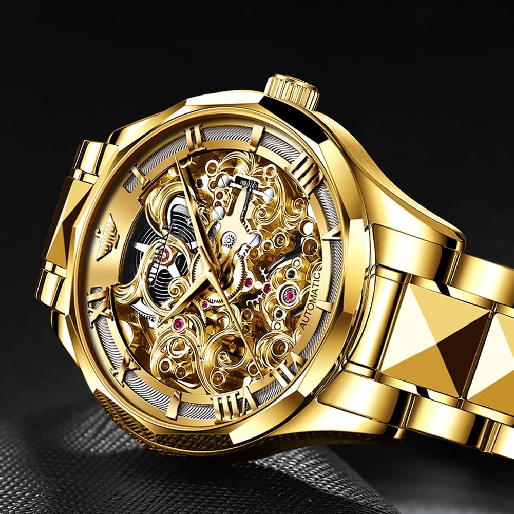 OLEVS Relojes automáticos para hombre esqueleto dorado acero inoxidable