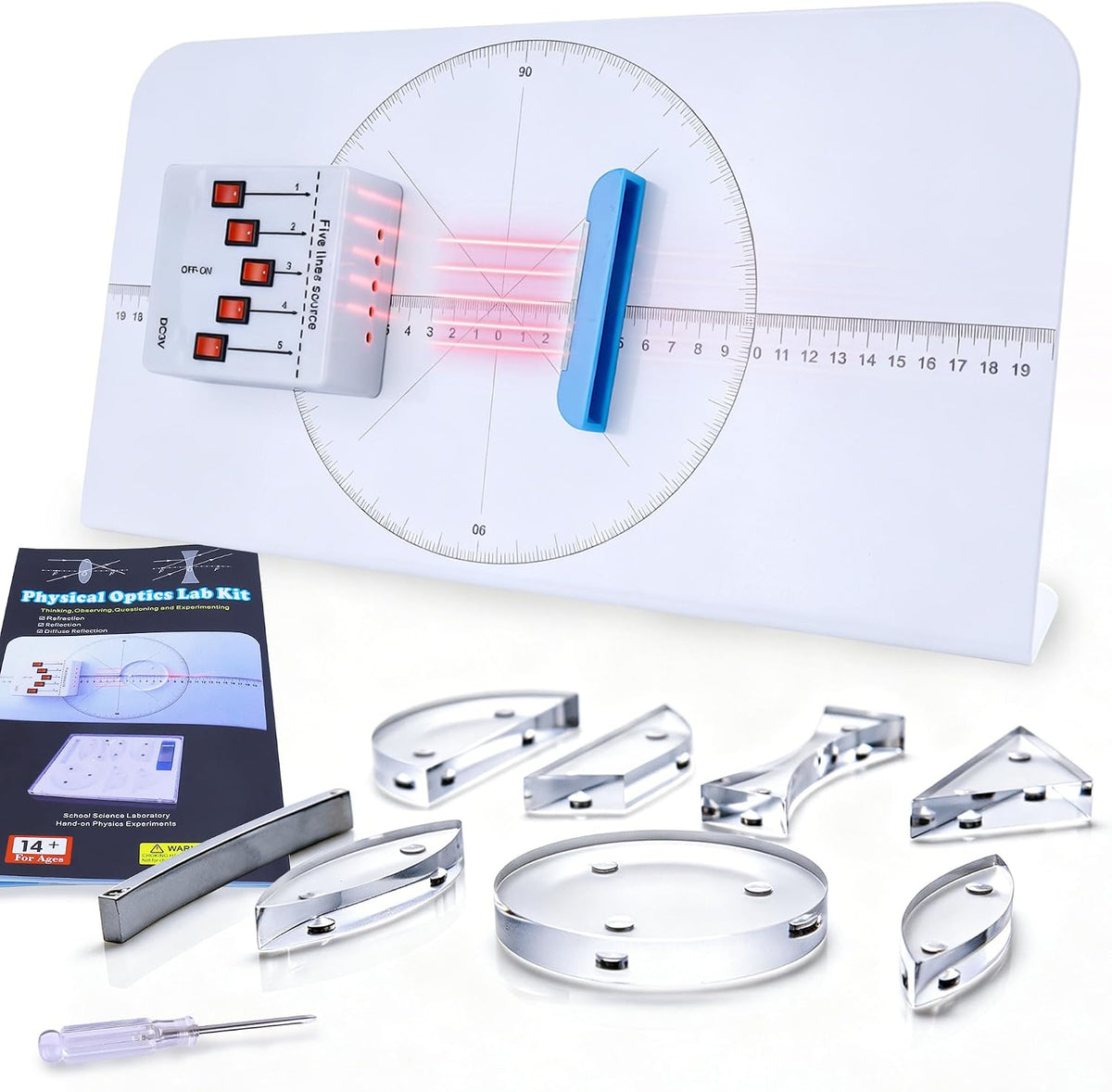 STEM Kit de experimento de física magnética con tablero de demostración magnética de 15.7 x 8.5 pulgadas, fuente de luz de 5 líneas, lentes, prismas, espejos y manual de demostración de color para