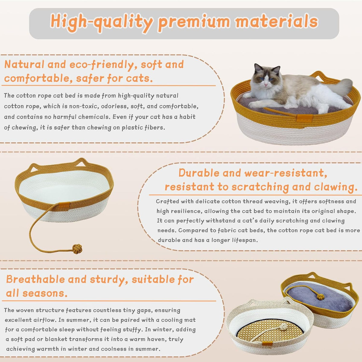 Cesta de cuerda natural para gatos, cama acogedora con cojín de