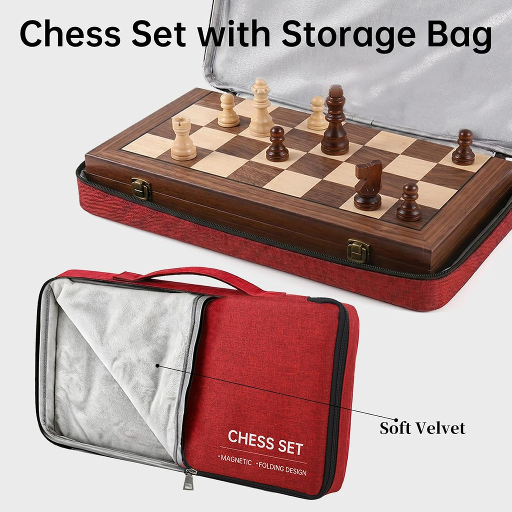 Juego de ajedrez magnético de madera plegable de 15 pulgadas, juego de ajedrez de viaje portátil con bolsa de tablero de ajedrez, juego de ajedrez para principiantes profesionales para torneos