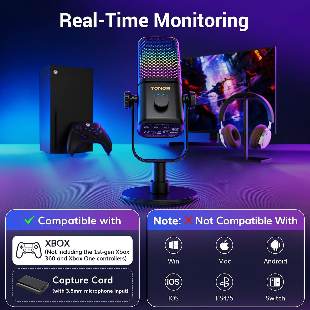 TONOR Micrófono para juegos compatible con Xbox, micrófono de transmisión de condensador RGB, bajo ruido, control de ganancia, silencio de un toque, compatible con tarjeta de captura, cable de 78 pulgadas, soporte de escritorio, negro TCX3
