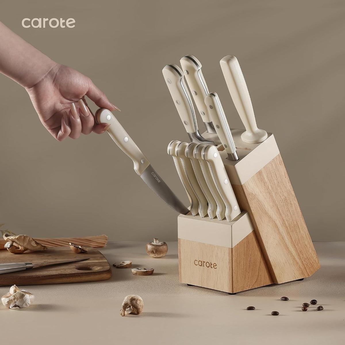 CAROTE Juego de cuchillos de 14 piezas con bloque, forjado, acero inoxidable de alto carbono, juego de cuchillos de bloque de hoja afilada, cubiertos aptos para lavavajillas, color crema