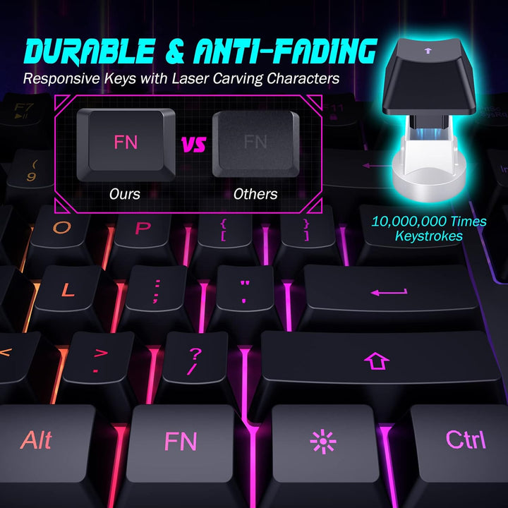 yesbeaut Teclado para juegos, retroiluminación LED arcoíris de 7 co...