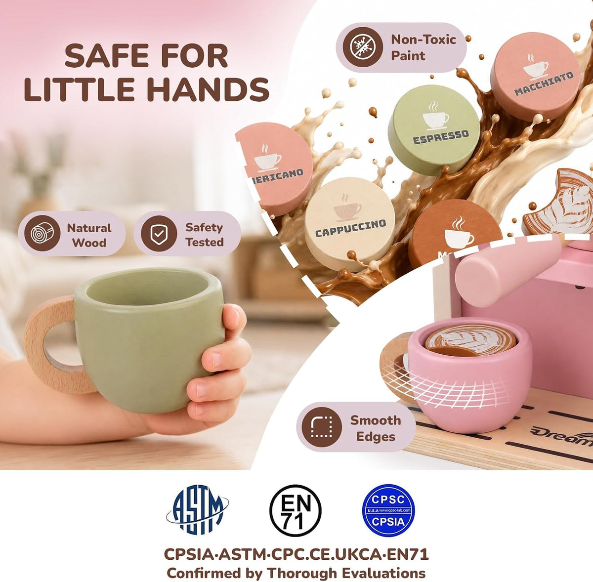 Dreamon Cafetera de juguete, accesorios de cocina de madera para niños