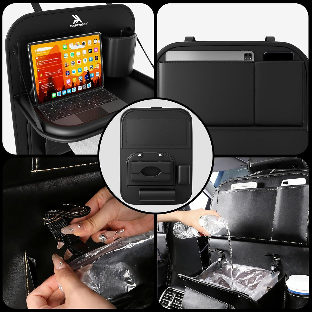 Paquete de 2 Organizadores Universales de Cuero Premium Plegables para Asiento Trasero de Automóvil con Bandeja de Mesa, Protector de Respaldo de Asiento de Automóvil con Bolsa de Basura