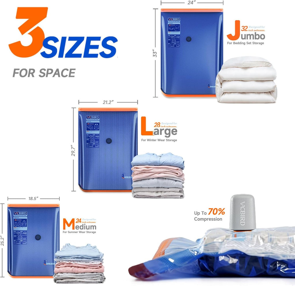 Vacbird - Bolsas de almacenamiento al vacío con bomba inalámbrica recargable, paquete de 9 bolsas de sellado de compresión de 3 tamaños, ahorro de espacio para ropa y ropa, edredones, mantas, ropa de cama y armario que ahorra espacio