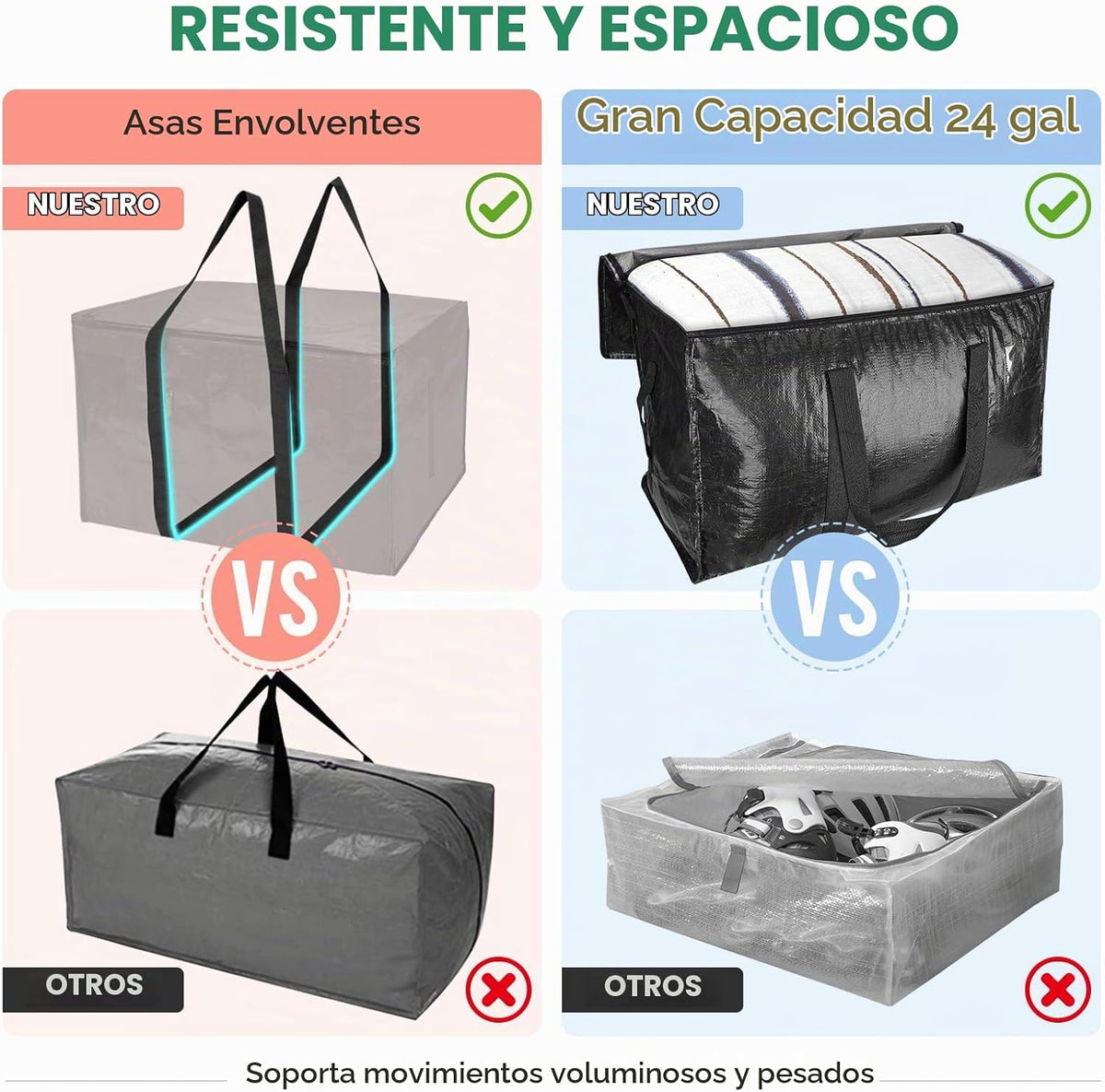 BALEINE Paquete de 6 bolsas de mudanza de gran tamaño con asas reforzadas, bolsa de almacenamiento resistente para ropa, suministros de mudanza (negro, paquete de 6)