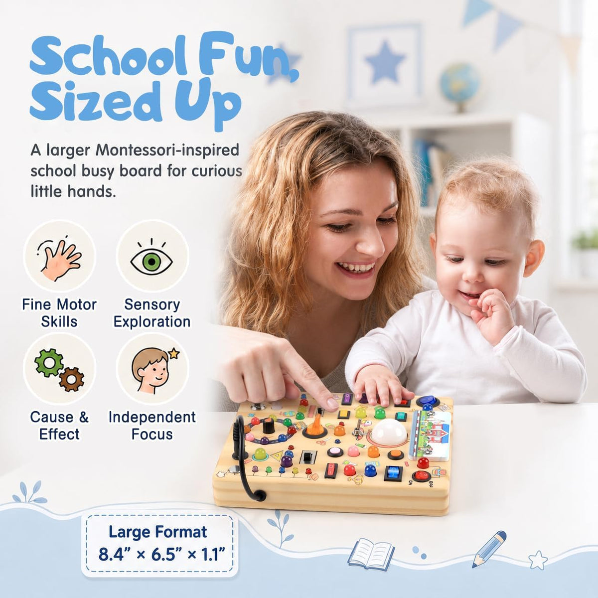 Tablero de actividades con 19 interruptores de luz LED, juguetes Montessori para niños de 1, 2, 3 años, tablero sensorial de madera, juguetes de viaje para niños de 1, 2, 3 años, regalo de cumpleaños