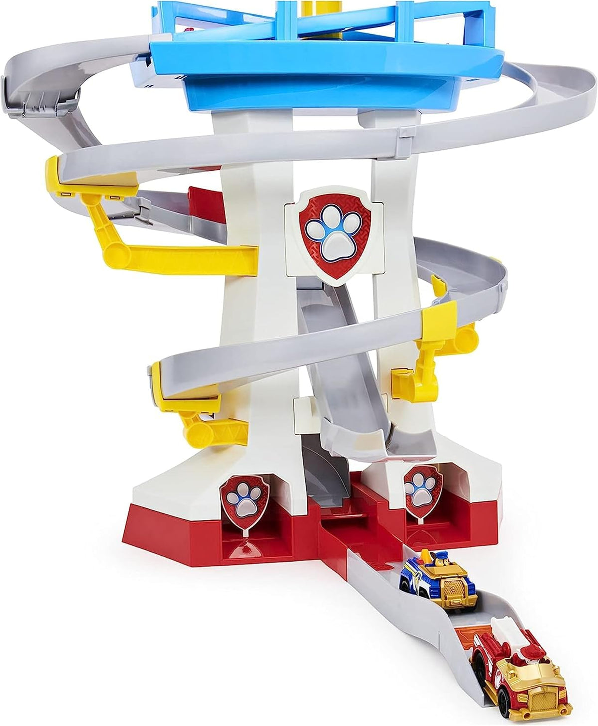 Paw Patrol Adventure Bay Lookout Tower Playset con 2 vehículos de metal fundido a escala 1:55 (Chase y Marshall): Twin Track Rescue Way, set de 25 piezas con periscopio de lanzamiento - Acomoda hasta