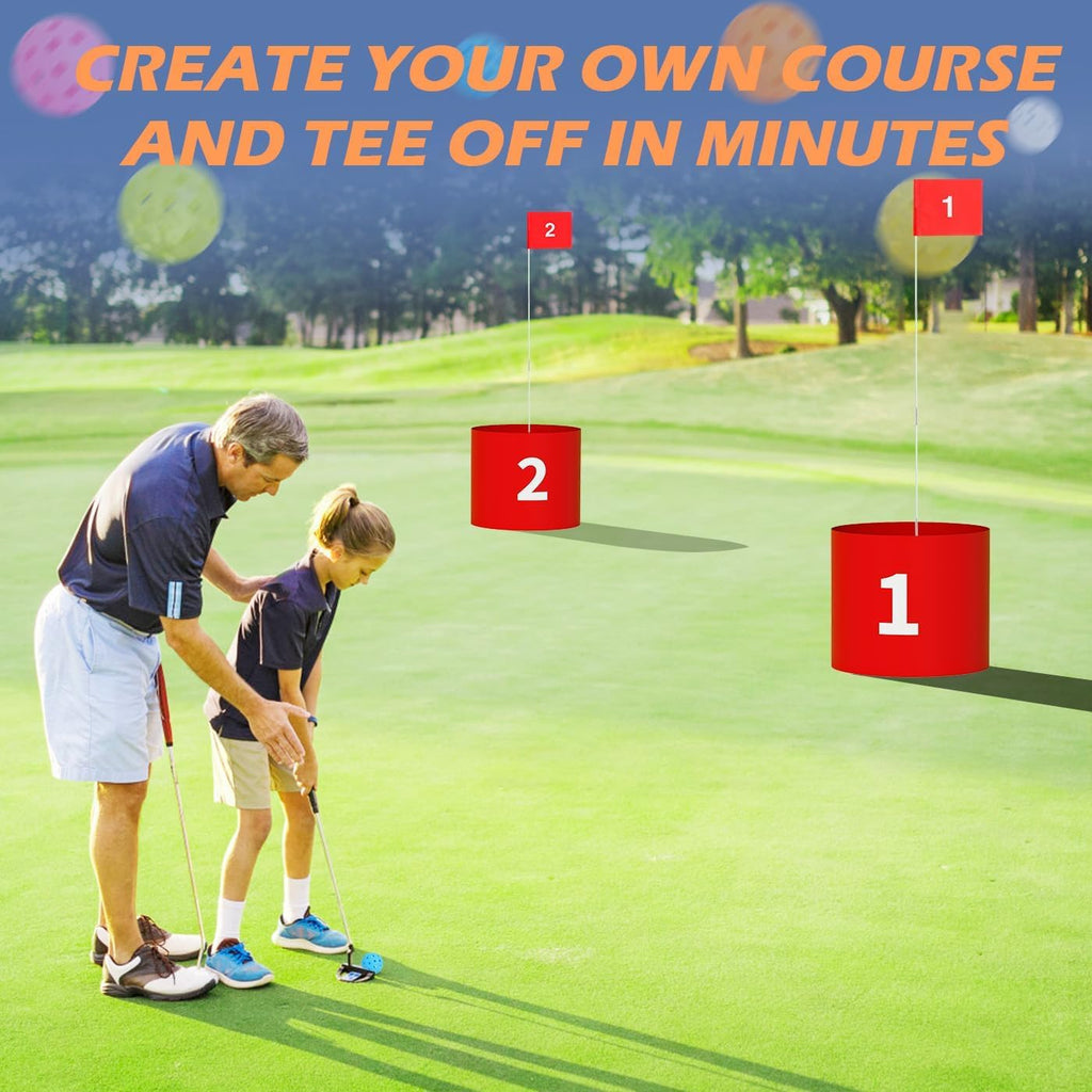 Juego de golf LED con 2 palos, juego de práctica de 6 agujeros para adultos y familia, juego de patio de batalla de plástico para interiores y exteriores con bolas, banderas, perfecto para