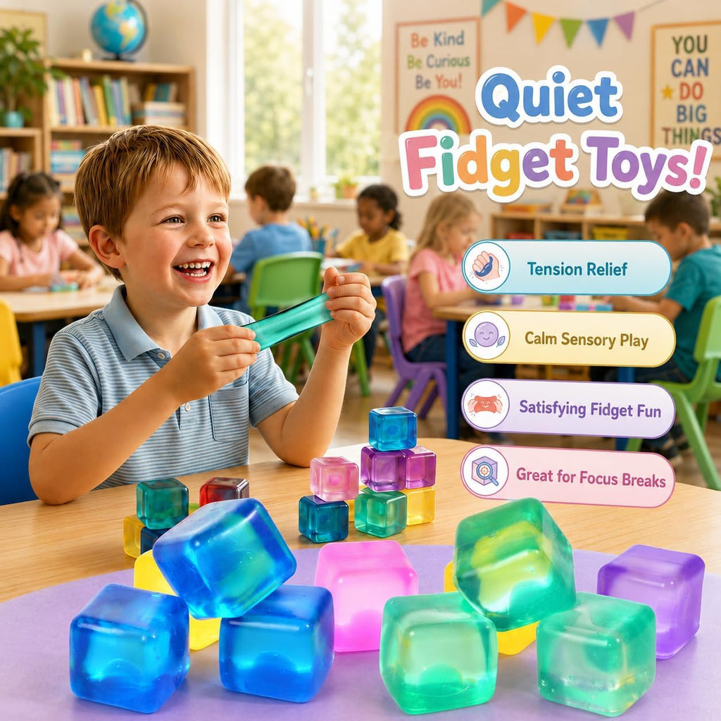 Paquete de 24 mini cubos de estrés para niños: juguetes suaves de 1.18 pulgadas con caja de almacenamiento, juguetes sensoriales de levantamiento lento para premios de aula, juguetes de caja de