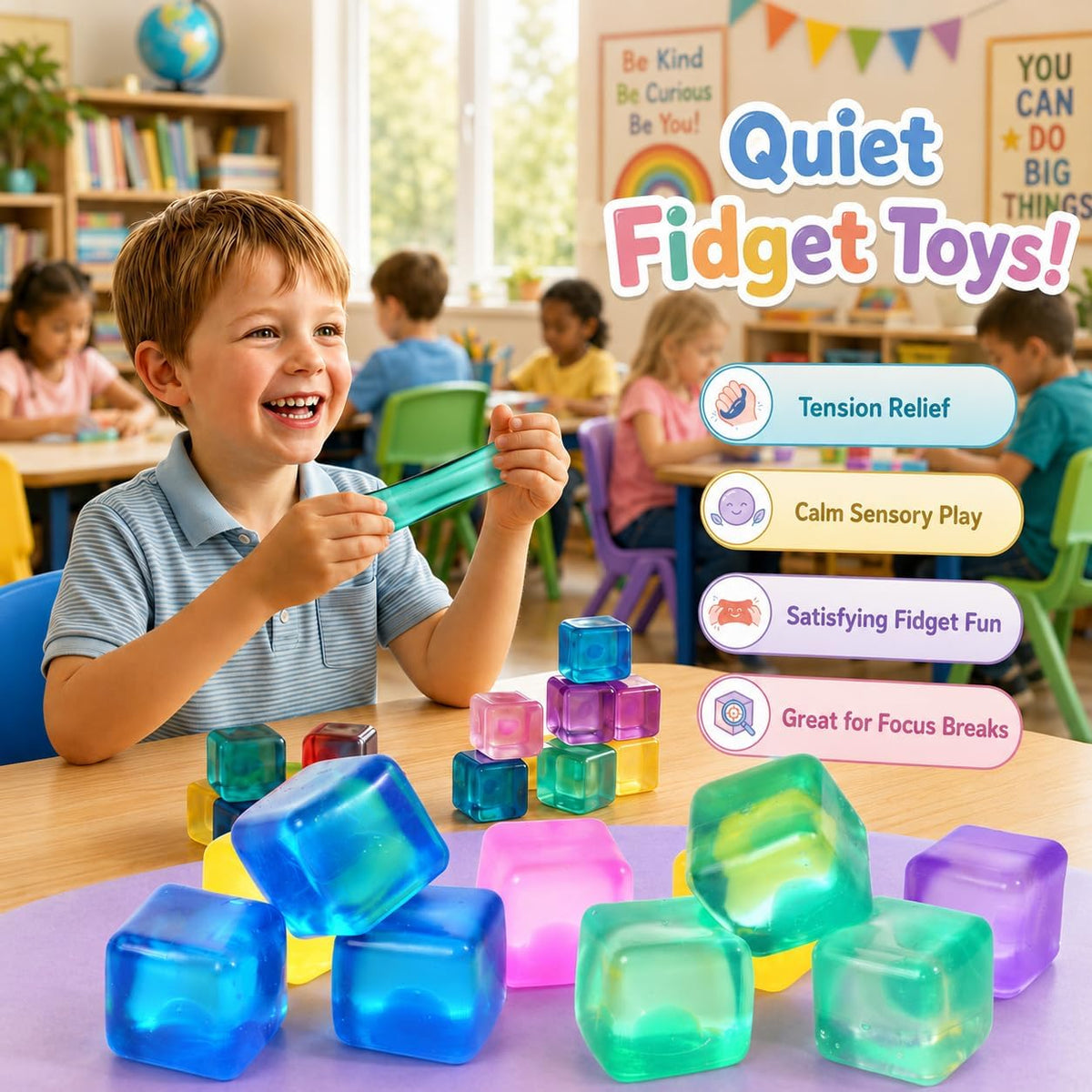 Paquete de 24 mini cubos de estrés para niños: juguetes suaves de 1.18 pulgadas con caja de almacenamiento, juguetes sensoriales de levantamiento lento para premios de aula, juguetes de caja de