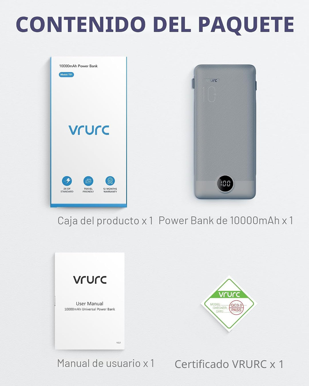 VRURC Cargador portátil con cables integrados y enchufe de pared AC...