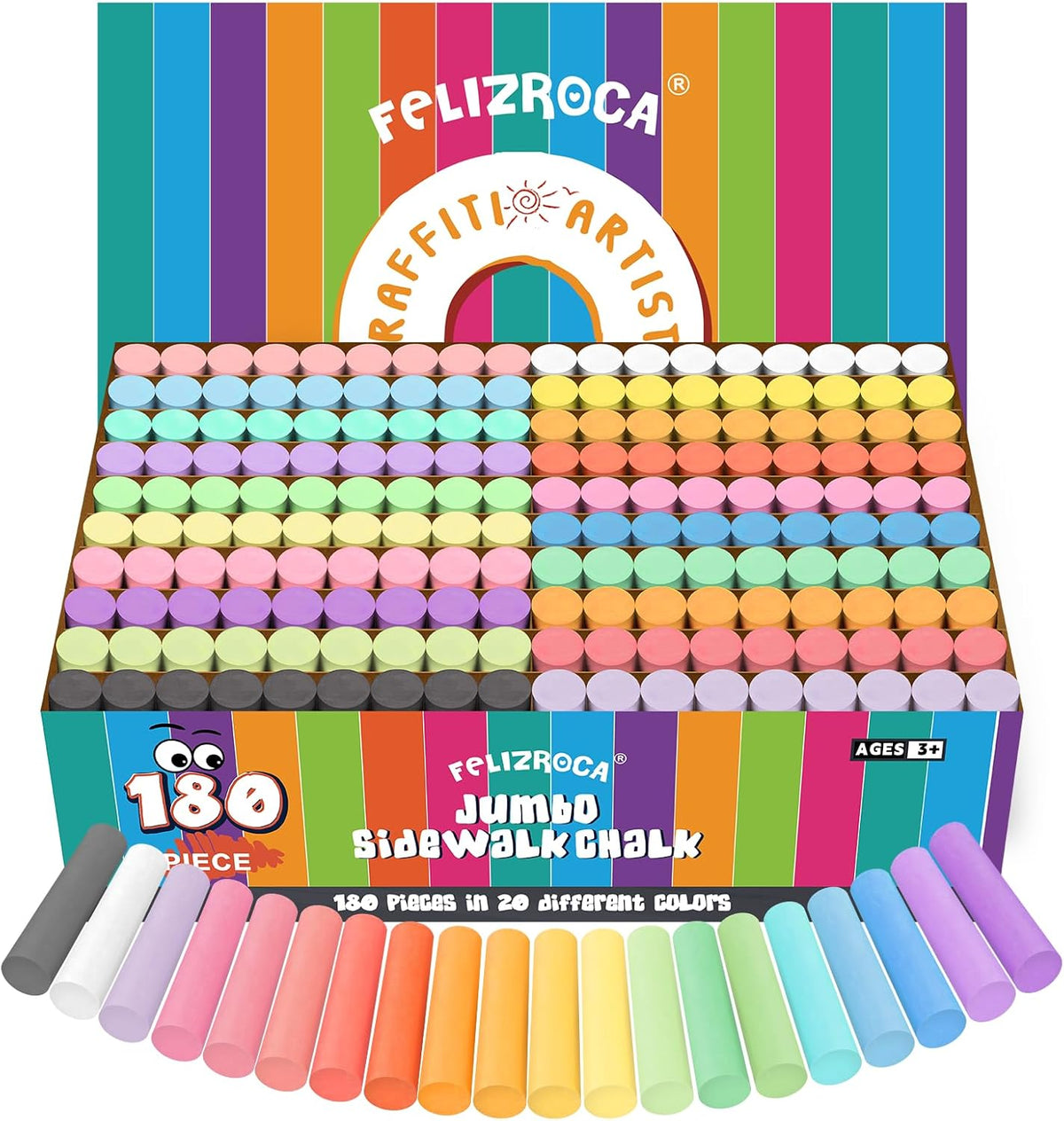 Juego de 180 tizas para acera en 20 colores, no tóxicas, lavables, tizas jumbo para exteriores para niños, tiza para pavimento