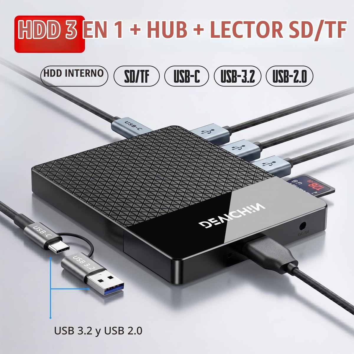 Devichin Disco duro externo de 1 TB, USB C y USB 3.0 multipuerto Hu...
