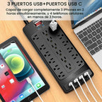 Regleta protectora de sobretensiones de 18 tomacorrientes – Cable de extensión de enchufe plano de 15 pies resistente con 18 tomas amplias y 4 puertos USB, 2100 julios, negro, certificación ETL