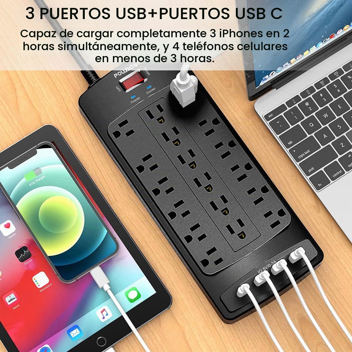 Regleta protectora de sobretensiones de 18 tomacorrientes – Cable de extensión de enchufe plano de 15 pies resistente con 18 tomas amplias y 4 puertos USB, 2100 julios, negro, certificación ETL