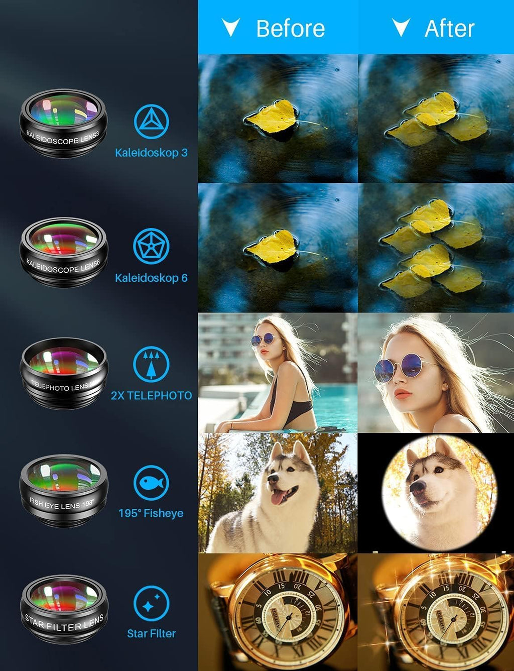 MIAO LAB Kit de lentes para cámara de teléfono 10 en 1, lente gran angular y macro+lente ojo de pez+lente teleobjetivo+filtro CPL/flujo/radial/estrella+lente caleidoscopio 3/6 para iPhone, Samsung