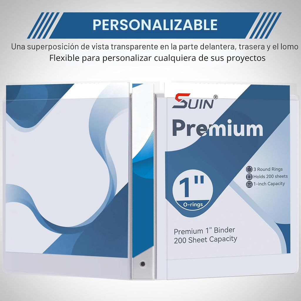 SUIN Carpeta de 3 anillos de 1 pulgada con 2 bolsillos, carpetas transparentes personalizables para letras de EE. UU. de 8.5 x 11 pulgadas, sin PVC, carpeta de 1 pulgada para oficina, hogar y escuela, color blanco, paquete de 6