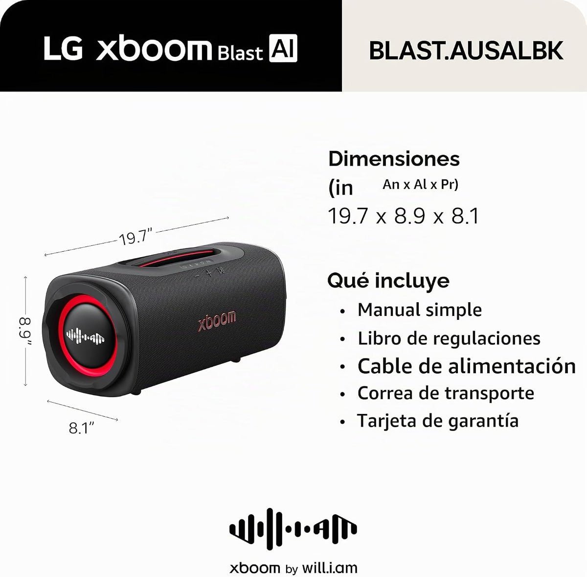 LG xboom Blast by will.i.am - Altavoz portátil con Bluetooth, color negro