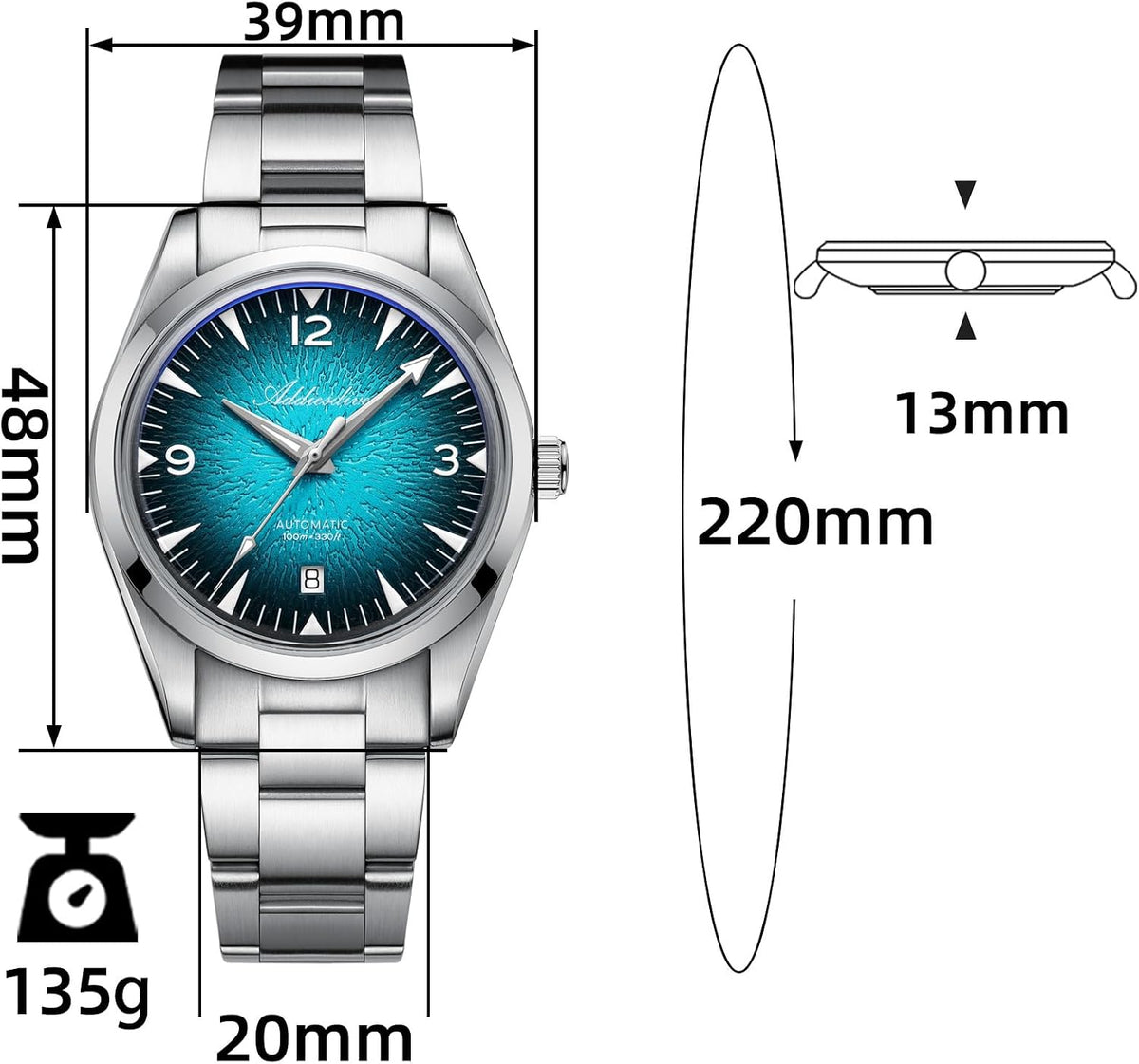 ADDIESDIVE Reloj automático para hombre, NH35/8215, 200M, luminoso, fácil de leer, reloj de pulsera minimalista a la moda, simple, analógico, fecha, con correa de cuero y pulsera
