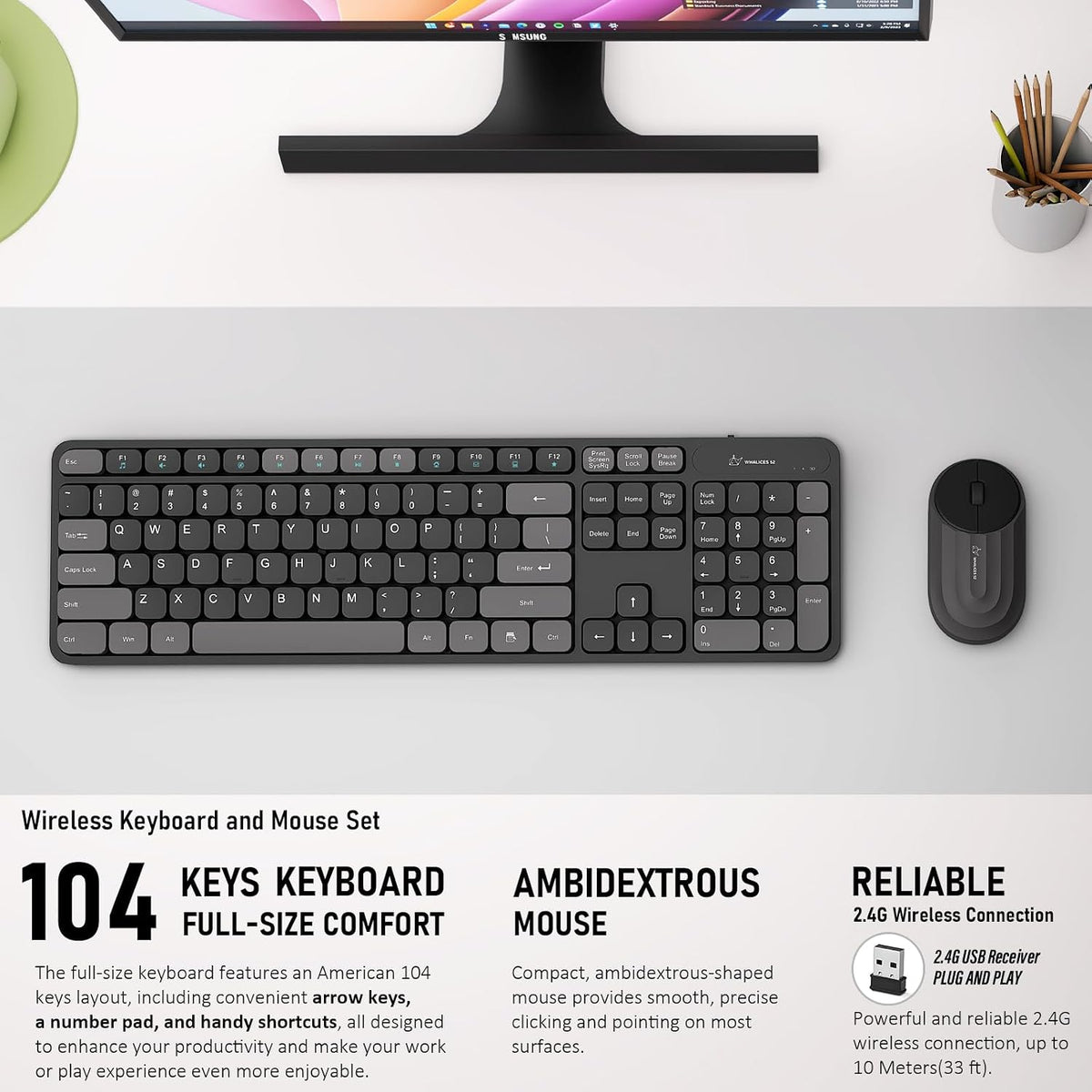 Whalices 52 Combo de teclado y mouse inalámbricos, teclas planas gr...