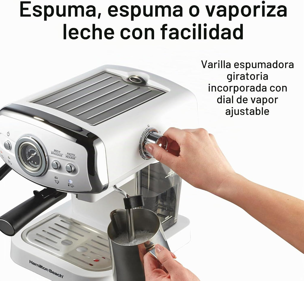 Hamilton Beach Slide & Lock - Máquina de café expreso con espumador de leche, varita de vapor para capuchino y café con leche, bomba de 15 barras y dos boquillas, depósito extraíble, compacto, diseño
