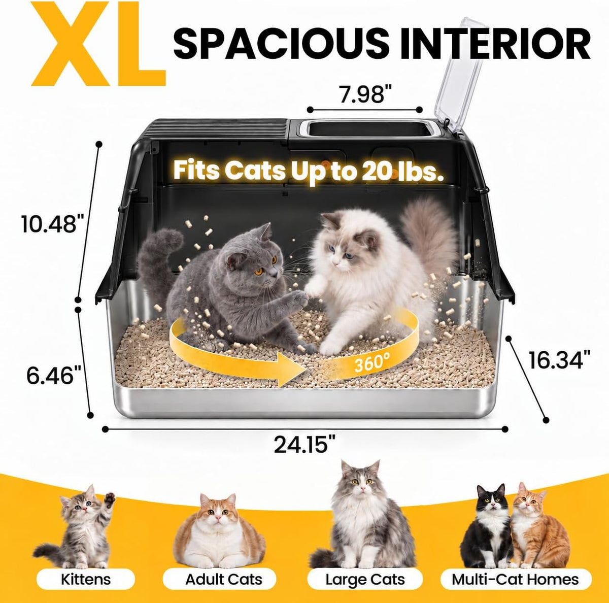 Caja de arena de acero inoxidable con tapa, caja de arena cerrada extragrande para gatos grandes, bandeja de arena de metal alto para gatos, entrada frontal y salida superior