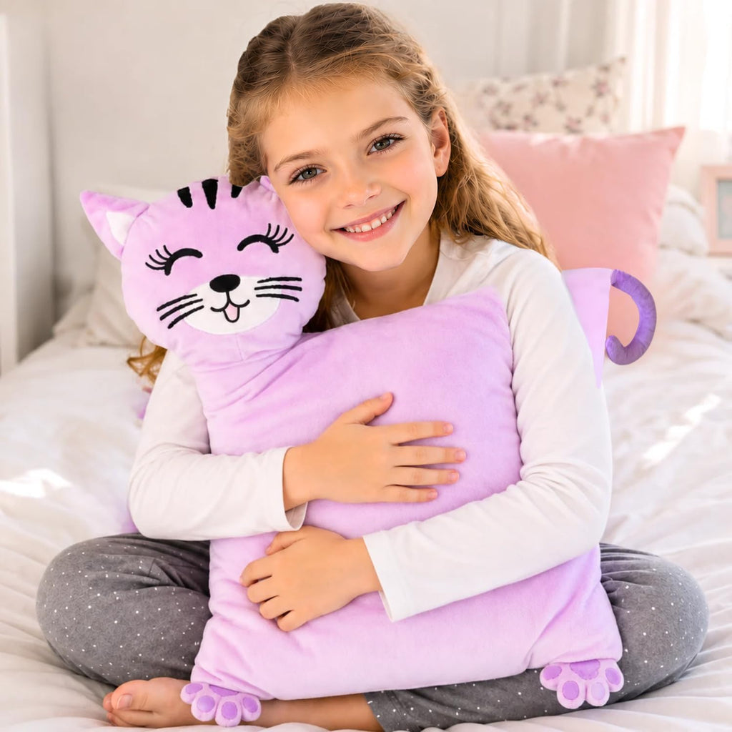 LUNAMIRA Almohada de felpa de gato para niños – Bonita almohada de peluche de gatito morado, 16 x 14 pulgadas para acurrucarse a la hora de dormir y noche de cine, funda lavable con cremallera