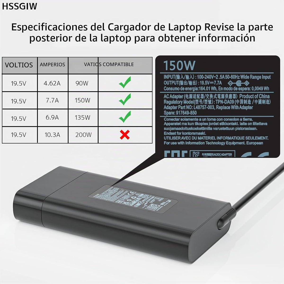 Cargador portátil de 150 W para HP ZBook OMEN Victus Pavilion Blue Tip