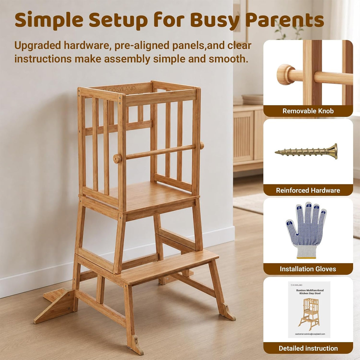COSYLAND Taburete de cocina para niños pequeños, 1.5-3 años, natural