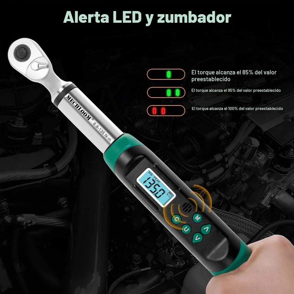 Llave dinamométrica digital, 3/8 pulgadas, 5-99.6 ft-lb, 2% de