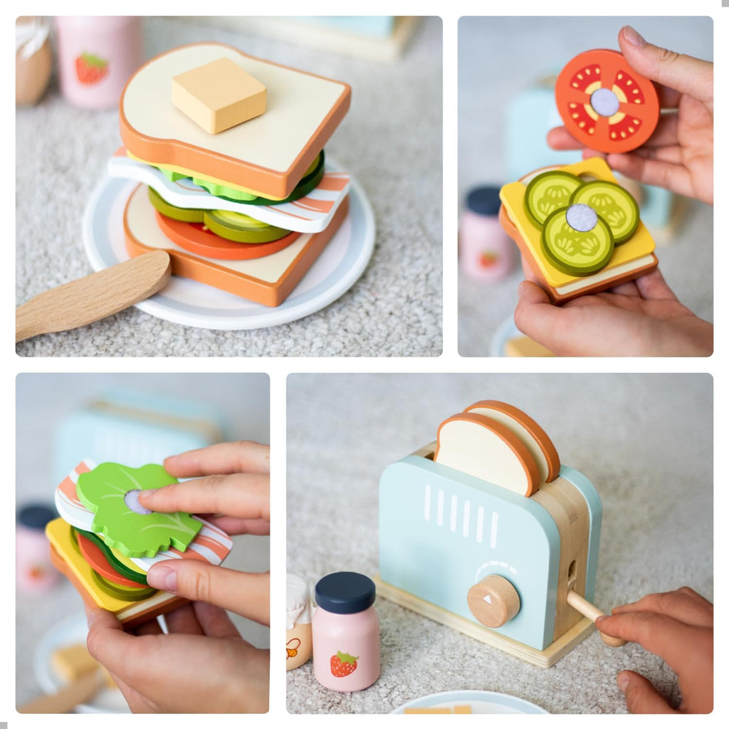 UMU® Tostadora de madera y juego de sándwiches – Incluye tostadora emergente, mantequilla rebanable, accesorios de cocina y más – Juguete de simulación para niños de 3 4 5 6 años