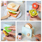 UMU® Tostadora de madera y juego de sándwiches – Incluye tostadora emergente, mantequilla rebanable, accesorios de cocina y más – Juguete de simulación para niños de 3 4 5 6 años