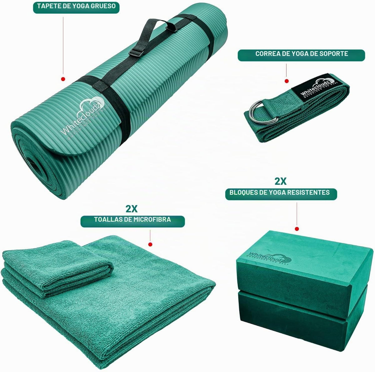 WHITECLOUDZ Kit de yoga, juego de 7 piezas de esterilla de yoga para entrenamientos en casa, esterilla de yoga gruesa, bloques de yoga, correa, toallas de yoga y bolsa de transporte, tapete de