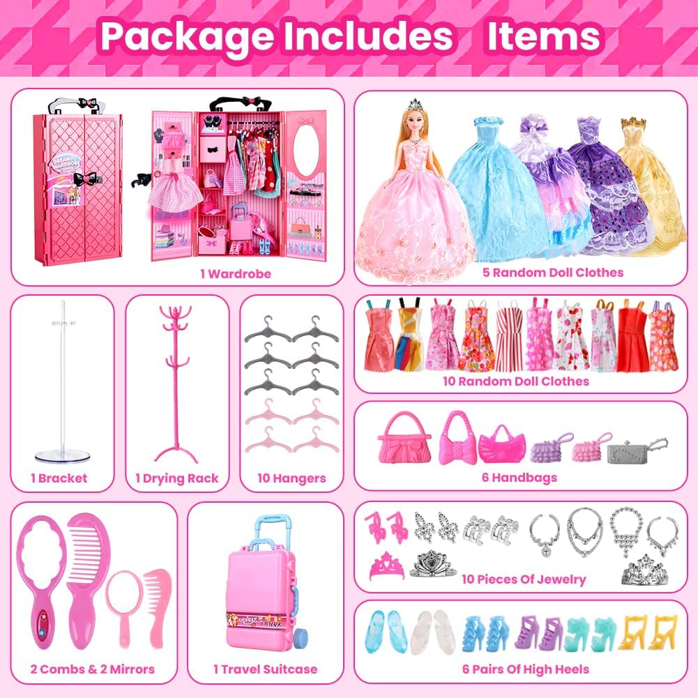 UCanaan Conjunto de muñeca y armario para niña con ropa y accesorio...
