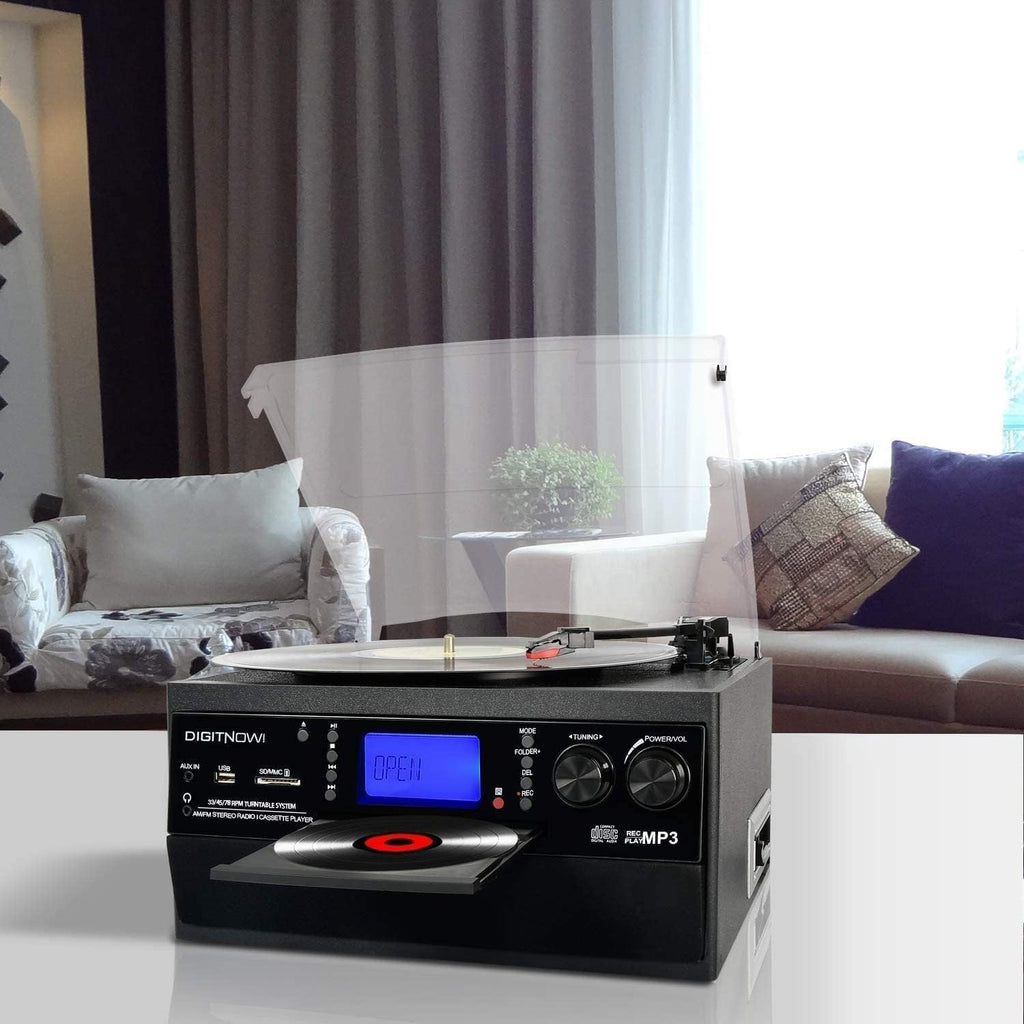 Tocadiscos Bluetooth 10 en 1 con altavoz incorporado, reproductor de discos de vinilo, casete de CD y radio FM, AUX en USB grabación MP3 conector de auriculares, sistema estéreo compacto para